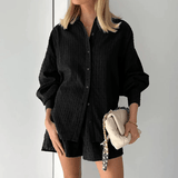 Christa | Luftiges Baumwoll-Set mit Oversized-Bluse & Shorts – Schwarz
