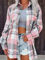 Kessia | Damen Flanellhemd Kariert Oversized Langarm Herbst – Rosa