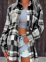 Kessia | Damen Flanellhemd Kariert Oversized Langarm Herbst – Schwarz