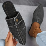 Demi | Damen Denim-Mules Spitz Flach Slip-on Jeans-Look – Schwarz