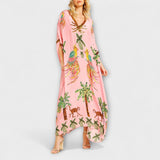 Linda - Elegantes Kleid mit asymmetrischen Schultern und Kokosnussbaum-Muster – Rosa