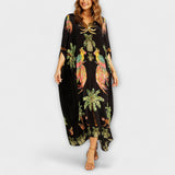 Linda - Elegantes Kleid mit asymmetrischen Schultern und Kokosnussbaum-Muster – Schwarz