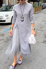 Oona – Tüllkleid Mit Drapierung Und Langem Strickpullover – Grau