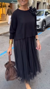 Efrata - Bezauberndes Satin Kleid Mit Strick Pullover – Schwarz
