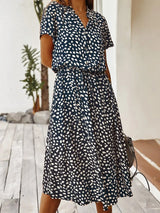 Elizabeth - Damen Midi Hemdkleid mit Tierdruck und kurzen Ärmeln – Marineblau