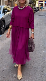 Efrata - Bezauberndes Satin Kleid Mit Strick Pullover – Burgund
