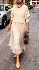 Efrata - Bezauberndes Satin Kleid Mit Strick Pullover – Aprikose