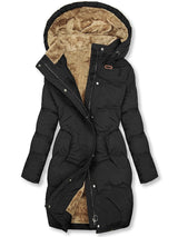 Winterjacke Damen Gefüttert Mit Kapuze | Lang Mit Reißverschluss und Knöpfen – Schwarz
