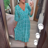 Lockeres Boho-Kleid mit V-Ausschnitt & grafischem Muster – Knöchellang – Blau
