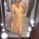 Lockeres Boho-Kleid mit V-Ausschnitt & grafischem Muster – Knöchellang – Gelb
