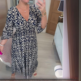 Lockeres Boho-Kleid mit V-Ausschnitt & grafischem Muster – Knöchellang – Dunkelblau