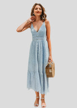 Amélie Refined Lang Sommerkleid mit Dünnen Trägern – Blau