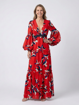 Isolde | V-Ausschnitt Bindegürtel Langarm Maxikleid – Rot