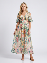 Eulalie | V-Ausschnitt Kurzarm Kleid mit geraffter Taille Midi – Floral