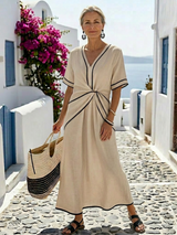 Linnea | Damen Maxikleid V-Ausschnitt Kurzarm Geraffter Taille – Gerafft Maxi – Beige