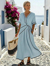 Linnea | V-Ausschnitt Kurzarm Geraffte Taille Midi Kleid – Himmelblau