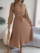 Damen Langarm Falten Kleid mit Gürtel – Khaki