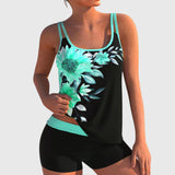 Flor | Blumen-Tankini mit Shorts, mit flachem Bauch-Effekt – Blau