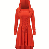 Damen Halloween-Kleid mit Kapuze | Schnürung & Asymmetrischer Saum – Mandarinenrot