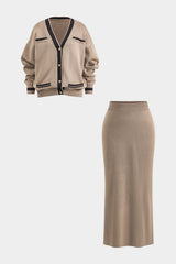 Marlene | Elegantes Strick-Set mit Cardigan & Rock – Khaki