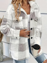 Damen-Freizeitjacke aus Fleece | Karomuster mit Knopfleiste vorne – Grau