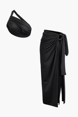 Selene | One-Shoulder Bandeau-Top & Drapierter Maxirock – Perfekt für stilvolle Auftritte – Schwarz