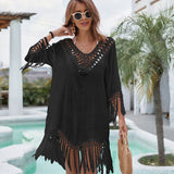 Patricia – Einfarbige Gewebte Hohl-Sonnenschutz-Bikini V-Ausschnitt Bluse – Schwarz