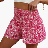 Kurze Damenhose mit hoher Taille und Rüschen, lässiger Blumenstil für den Sommer – Knallpink