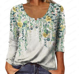 Leire | Langarm-T-Shirt mit U-Ausschnitt, geometrischem Blumendruck und Knöpfen – Weiß