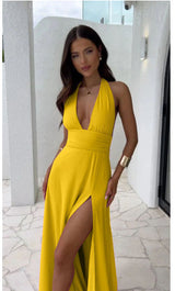 Elena - Langes Kleid mit Schlitz – Gelb