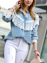 Ansel | Damen Denim-Shirt mit Spitzenabschluss – Himmelblau