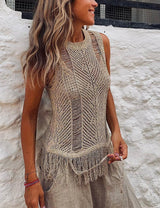Thar-Wüste Ärmelloses Quasten-Stricktop – Khaki