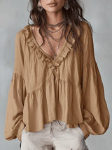 Narella - Rüschen-Shirt mit V-Ausschnitt – Khaki