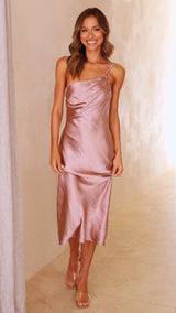 Sofia - Einschultriges Midikleid aus Satin mit eleganter Drapierung – Rosa