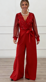 Meira - Overall Mit Langen Ärmeln Und Verzierungen Aus Mesh – Rot