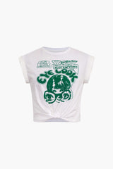 Gracelyn | Hochgekrempelte Ärmel EYE LOOK Grafikdruck Crop-T-Shirt mit Knotendetail – Weiß