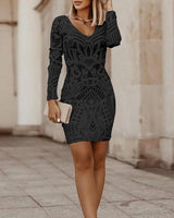 Winifred - Bodycon-Kleid mit V-Ausschnitt – Schwarz
