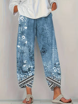 Thimasha - Caprihose Im Vintage Blumenmuster Mit Elastischem Bund – Blau