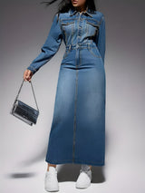 Gaetana | Stylisches Denim-Look Langarmkleid – Mittel Blau