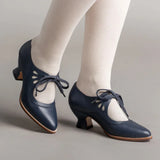 Angela Orthopädische Mary Jane Sandalen aus PU-Leder mit Niedrigem Absatz und Schnürverschluss – Marineblau