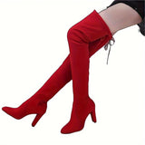 Overknee Stiefel Damen | Blockabsatz mit Rückenschnürung – Rot