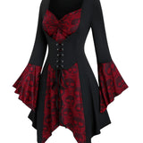 Damen Gothic Halloween-Kleid mit Spitze | Midi-Länge und Trompetenärmeln – Rot