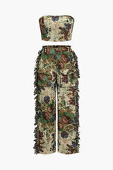 Jara | Extravagantes Zweiteiler-Set mit Bustier & bestickter Cargo-Hose – Beige