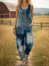 Lässiger Denim-Jumpsuit für Frauen mit distressed Kunstdruck – Mehrfarbig