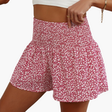 Kurze Damenhose mit hoher Taille und Rüschen, lässiger Blumenstil für den Sommer – Rosa