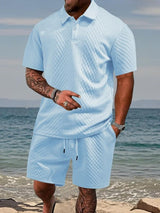Niall - Strukturiertes Set aus Poloshirt und Shorts – Hellblau