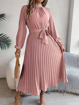 Damen Langarm Falten Kleid mit Gürtel – Rosa