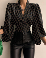 Nova - Geometrische Bluse mit Puffärmeln – Schwarz kariert