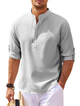 Michael - Legeres Sommerhemd ohne Kragen - Sommer-Chic – Hellgrau