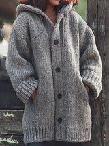 Lange Damen-Strickjacke mit Kapuze | Warme – Grau